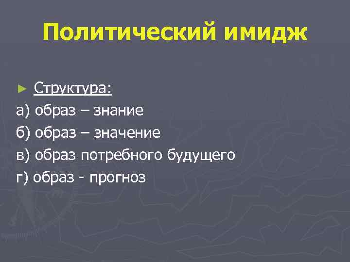 Политический имидж Структура: а) образ – знание б) образ – значение в) образ потребного