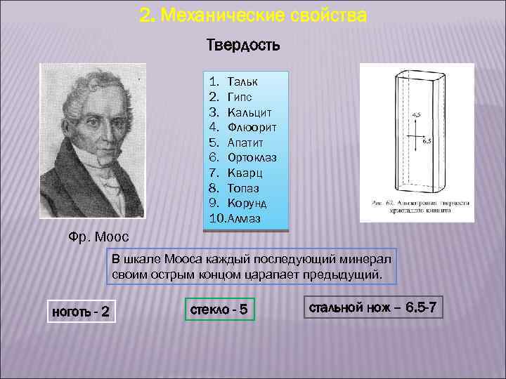 2. Механические свойства Твердость 1. Тальк 2. Гипс 3. Кальцит 4. Флюорит 5. Апатит
