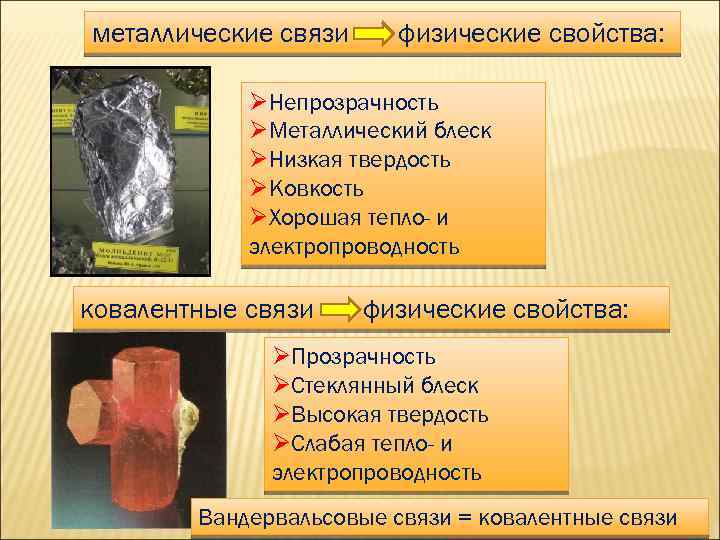 металлические связи физические свойства: ØНепрозрачность ØМеталлический блеск ØНизкая твердость ØКовкость ØХорошая тепло- и электропроводность