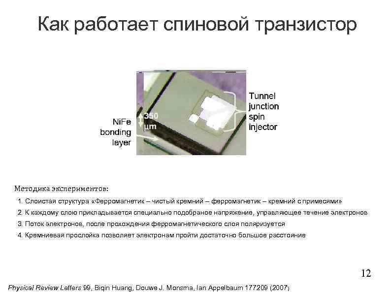 Как работает спиновой транзистор Методика экспериментов: 1. Слоистая структура «Ферромагнетик – чистый кремний –