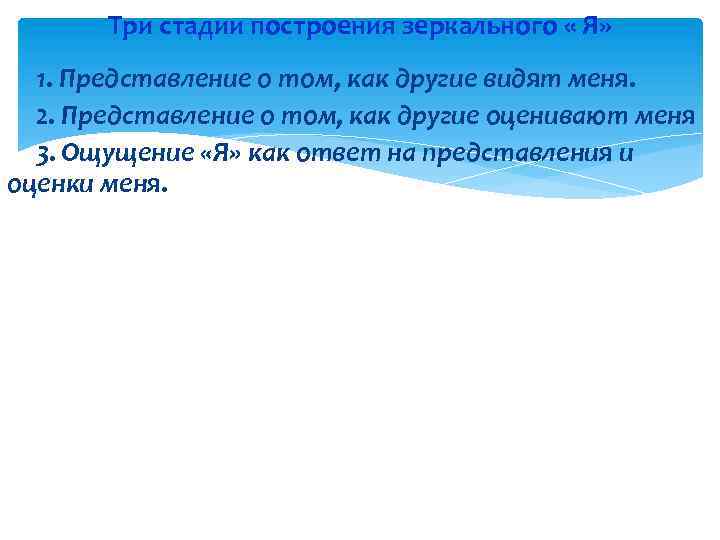 Три стадии построения зеркального « Я» 1. Представление о том, как другие видят меня.