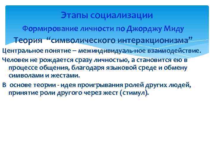 Этапы социализации Формирование личности по Джорджу Миду Теория “символического интеракционизма” Центральное понятие межиндивидуаль-ное взаимодействие.