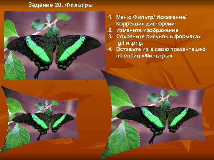 Задание 20. Фильтры 1. Меню Фильтр/ Искажение/ Коррекция дисторсии 2. Измените изображение 3. Сохраните