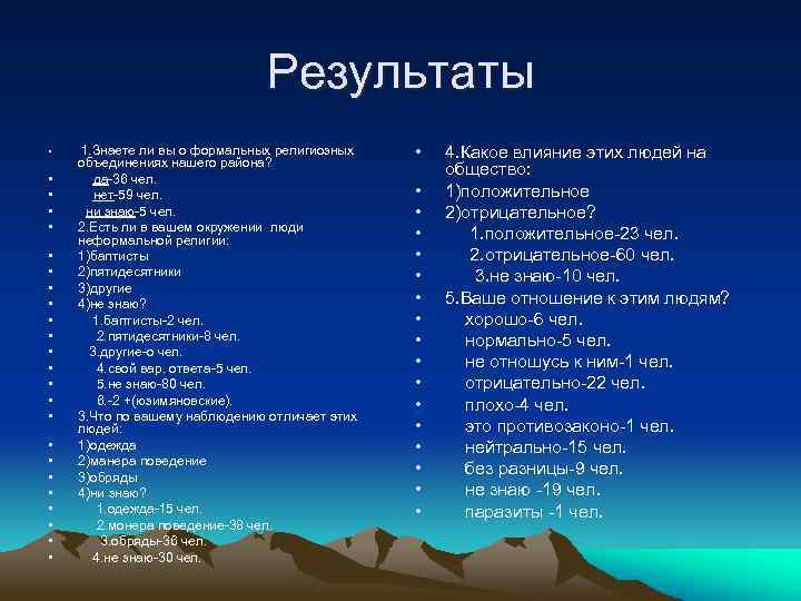 Результаты • • • • • • 1. Знаете ли вы о формальных религиозных