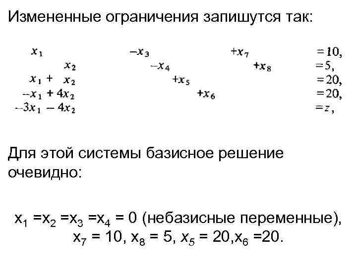 Измененные ограничения запишутся так: Для этой системы базисное решение очевидно: x 1 =х2 =х3