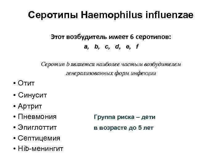 Серотипы Haemophilus influenzae Этот возбудитель имеет 6 серотипов: a, b, c, d, e, f