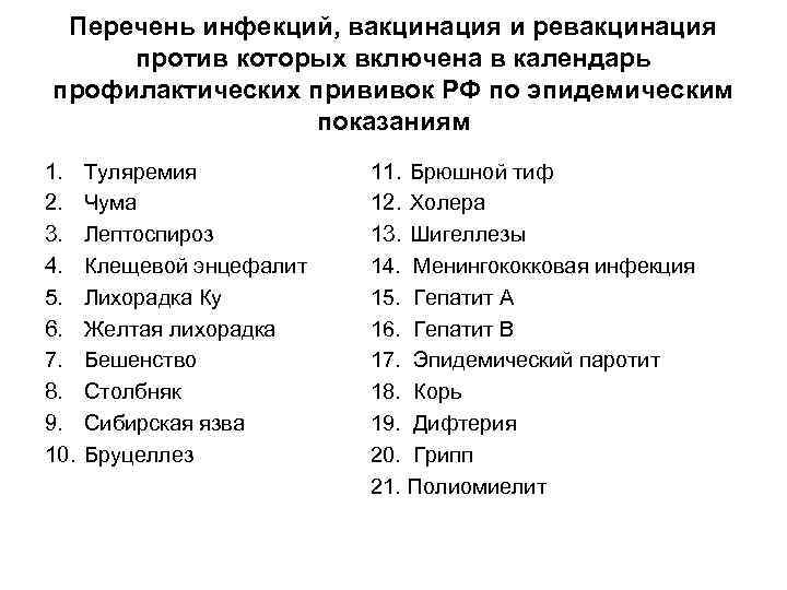 Перечень инфекций, вакцинация и ревакцинация против которых включена в календарь профилактических прививок РФ по