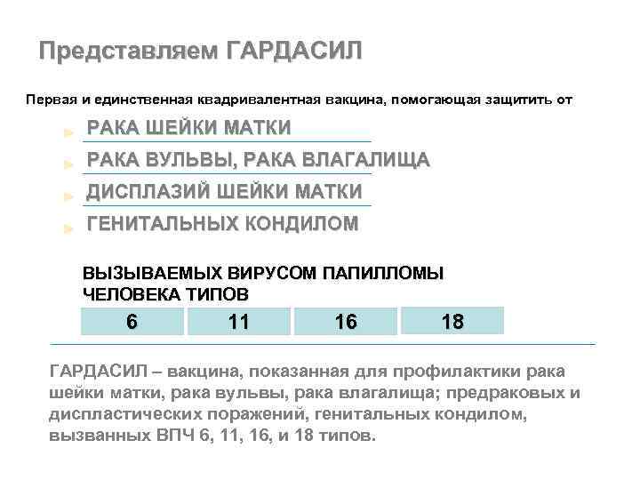 Представляем ГАРДАСИЛ Первая и единственная квадривалентная вакцина, помогающая защитить от РАКА ШЕЙКИ МАТКИ РАКА