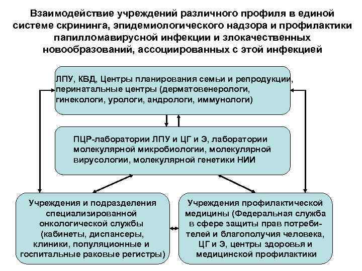Взаимодействие учреждений различного профиля в единой системе скрининга, эпидемиологического надзора и профилактики папилломавирусной инфекции
