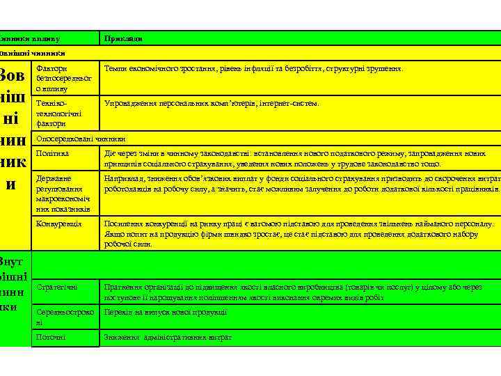 Чинники впливу Приклади овнішні чинники Зов ніш ні чин ник и Внут рішні чинн