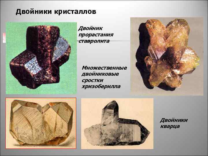 Двойники кристаллов Двойник прорастания ставролита Множественные двойниковые сростки хризоберилла Двойники кварца 