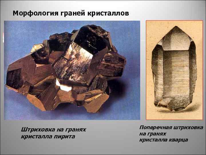 Морфология граней кристаллов Штриховка на гранях кристалла пирита Поперечная штриховка на гранях кристалла кварца