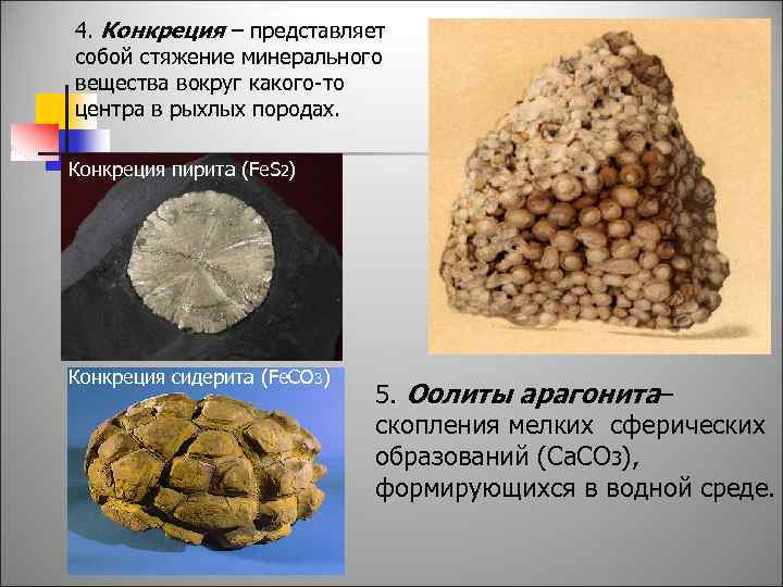 4. Конкреция – представляет собой стяжение минерального вещества вокруг какого-то центра в рыхлых породах.