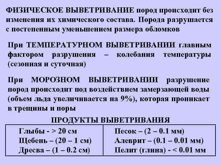 ФИЗИЧЕСКОЕ ВЫВЕТРИВАНИЕ пород происходит без изменения их химического состава. Порода разрушается с постепенным уменьшением