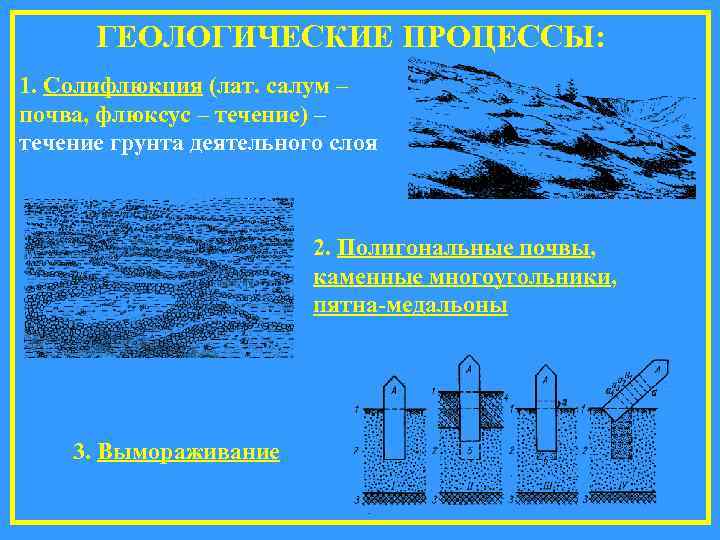  ГЕОЛОГИЧЕСКИЕ ПРОЦЕССЫ: 1. Солифлюкция (лат. салум – почва, флюксус – течение) – течение
