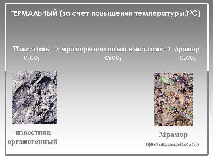 ТЕРМАЛЬНЫЙ (за счет повышения температуры, Т 0 С) Известняк мраморизованный известняк мрамор Ca. CO