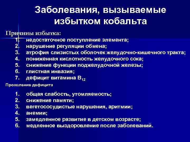 Заболевания, вызываемые избытком кобальта Причины избытка: 1. 2. 3. 4. 5. 6. 7. недостаточное