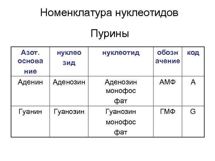 Номенклатура нуклеотидов Пурины Азот. основа ние Аденин нуклео зид нуклеотид обозн код ачение Аденозин