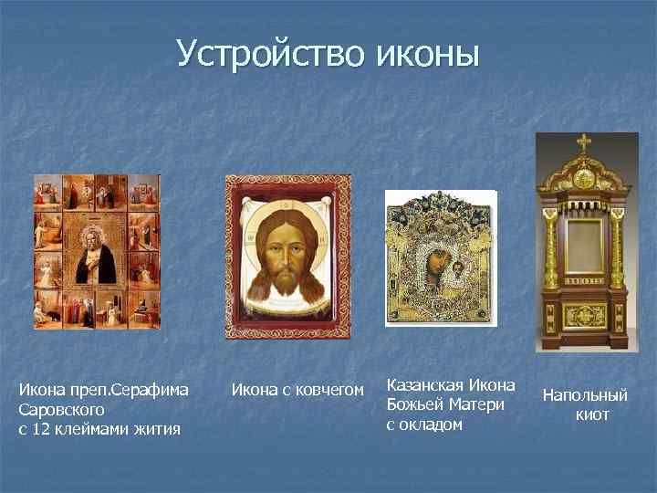 Устройство иконы Икона преп. Серафима Саровского с 12 клеймами жития Икона с ковчегом Казанская