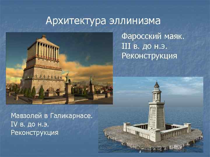 Архитектура эллинизма Фаросский маяк. III в. до н. э. Реконструкция Мавзолей в Галикарнасе. IV