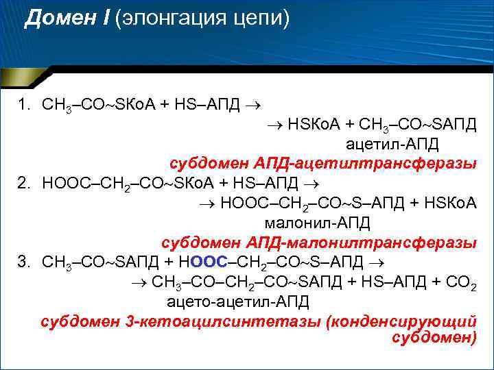 Домен I (элонгация цепи) 1. СН 3–СО SКо. А + НS–АПД НSКо. А +
