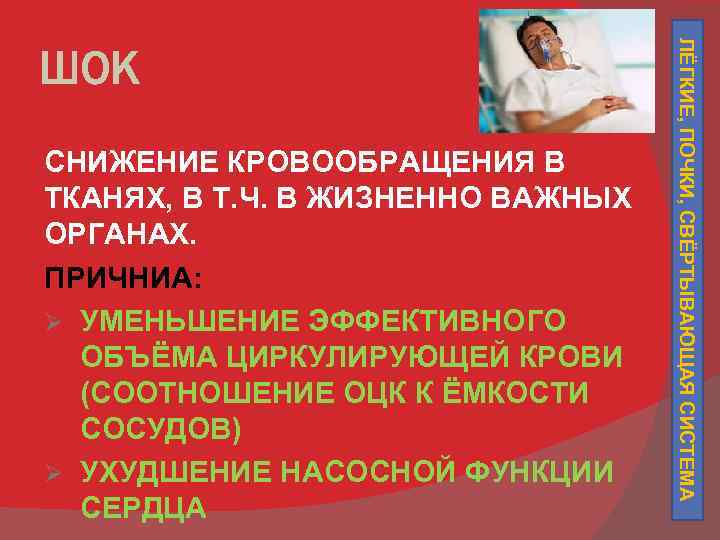 СНИЖЕНИЕ КРОВООБРАЩЕНИЯ В ТКАНЯХ, В Т. Ч. В ЖИЗНЕННО ВАЖНЫХ ОРГАНАХ. ПРИЧНИА: Ø УМЕНЬШЕНИЕ