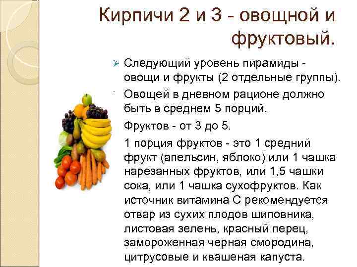 Кирпичи 2 и 3 - овощной и фруктовый. Следующий уровень пирамиды - овощи и