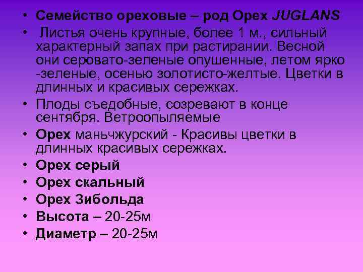  • Семейство ореховые – род Орех JUGLANS • Листья очень крупные, более 1