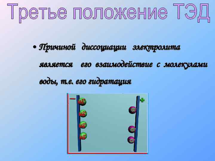  • Причиной диссоциации электролита является его взаимодействие с молекулами воды, т. е. его