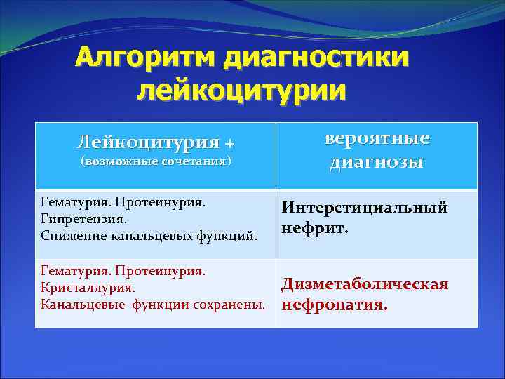 Алгоритм диагностики лейкоцитурии Лейкоцитурия + (возможные сочетания) вероятные диагнозы Гематурия. Протеинурия. Гипретензия. Снижение канальцевых
