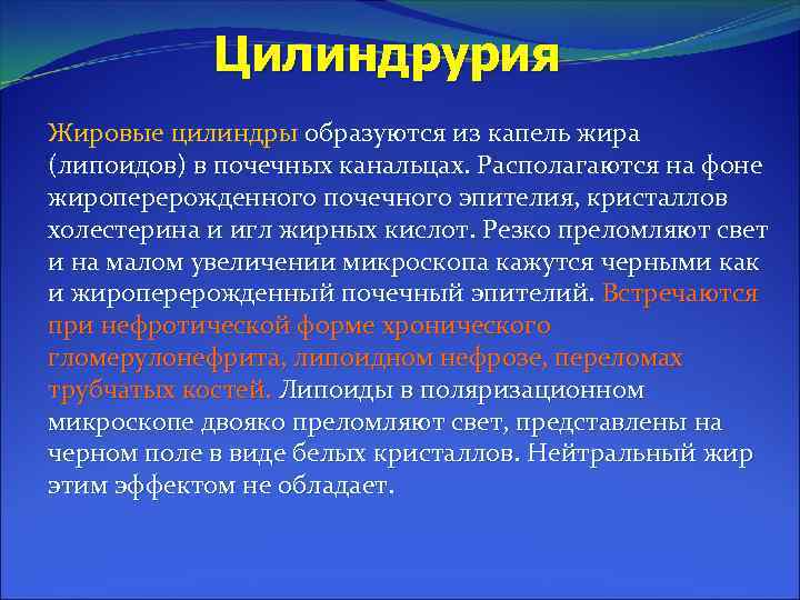 Цилиндрурия Жировые цилиндры образуются из капель жира (липоидов) в почечных канальцах. Располагаются на фоне