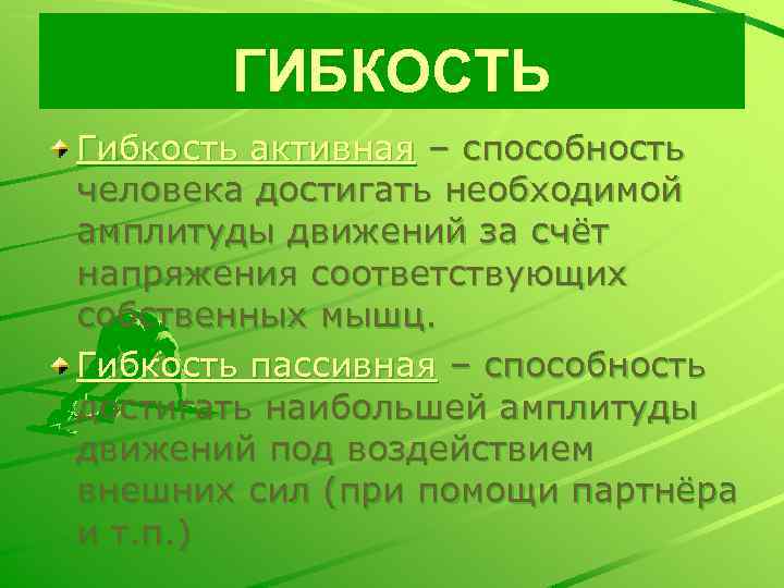 ГИБКОСТЬ Гибкость активная – способность человека достигать необходимой амплитуды движений за счёт напряжения соответствующих