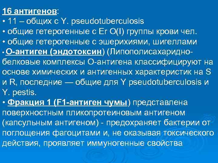 16 антигенов: • 11 – общих с Y. pseudotuberculosis • общие гетерогенные с Er
