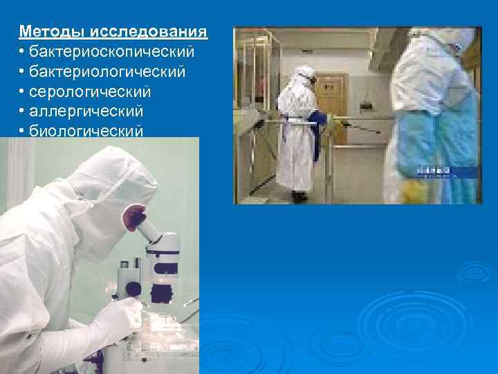 Методы исследования • бактериоскопический • бактериологический • серологический • аллергический • биологический 