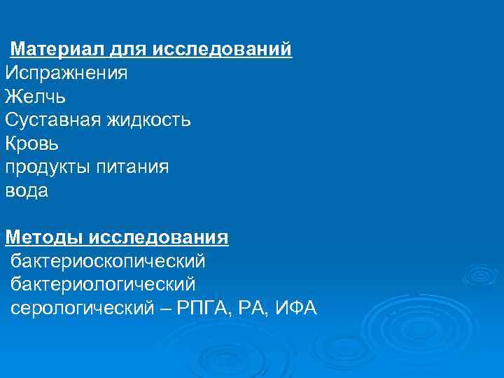 Материал для исследований Испражнения Желчь Суставная жидкость Кровь продукты питания вода Методы исследования бактериоскопический