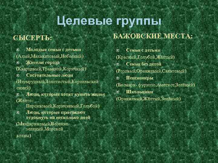 Целевые группы СЫСЕРТЬ: Молодые семьи с детьми (Алый, Малахитовый, Небесный) Жители города (Кварцевый, Травяной,