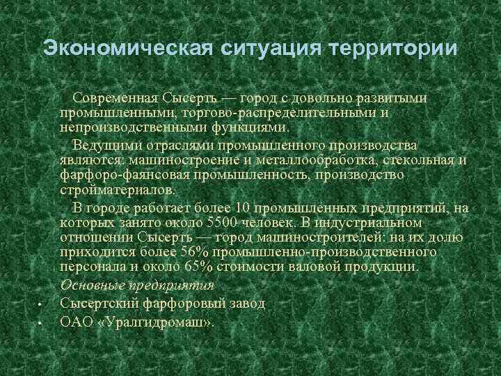 Экономическая ситуация территории Современная Сысерть — город с довольно развитыми промышленными, торгово-распределительными и непроизводственными