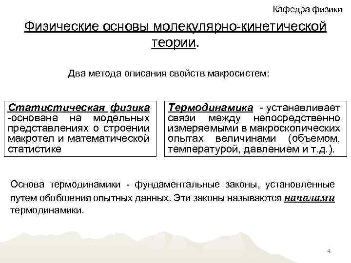 Кафедра физики Физические основы молекулярно-кинетической теории. Два метода описания свойств макросистем: Статистическая физика -основана