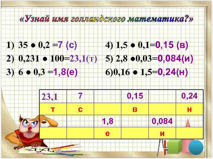  «Узнай имя голландского математика? » 1) 35 ● 0, 2 =7 (с) 4)