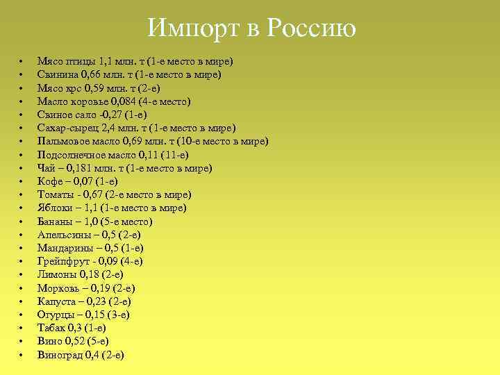 Импорт в Россию • • • • • • Мясо птицы 1, 1 млн.