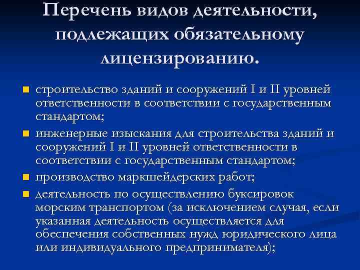 Перечень видов деятельности, подлежащих обязательному лицензированию. n n строительство зданий и сооружений I и