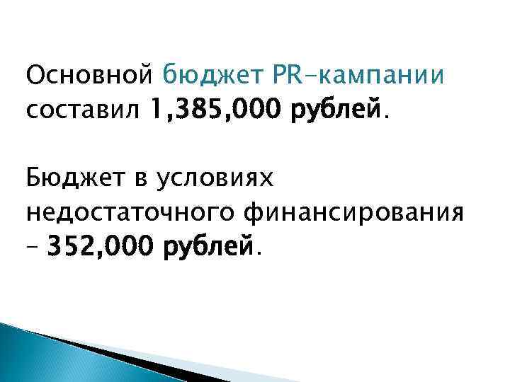 Основной бюджет PR-кампании составил 1, 385, 000 рублей. Бюджет в условиях недостаточного финансирования –