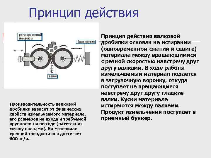 Принцип действия Производительность валковой дробилки зависит от физических свойств измельчаемого материала, его размеров на