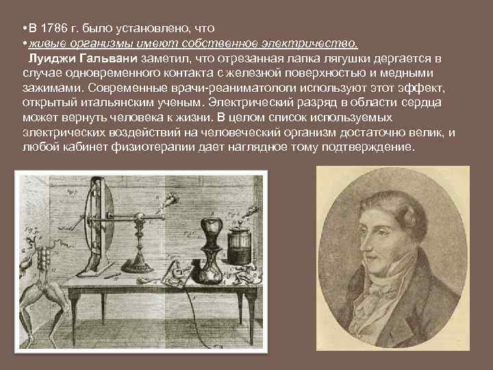  • В 1786 г. было установлено, что • живые организмы имеют собственное электричество.
