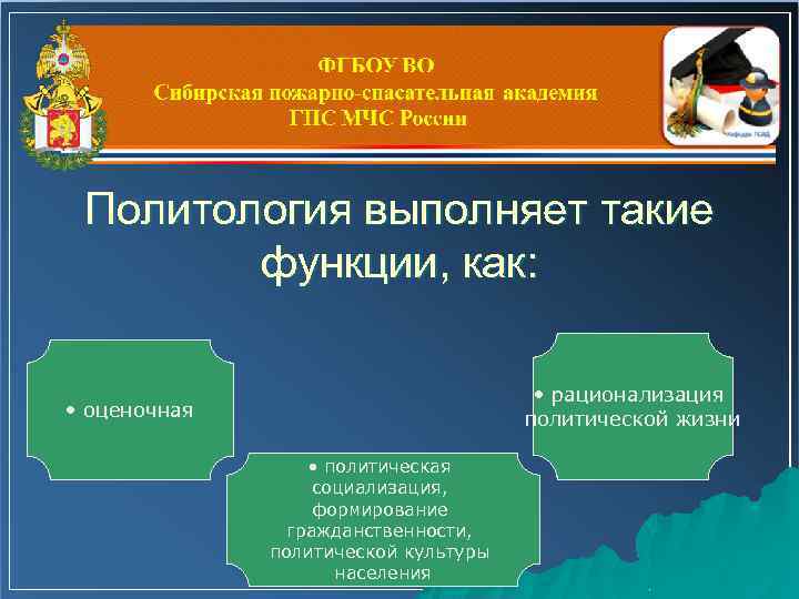 Политология выполняет такие функции, как: • рационализация политической жизни • оценочная • политическая социализация,