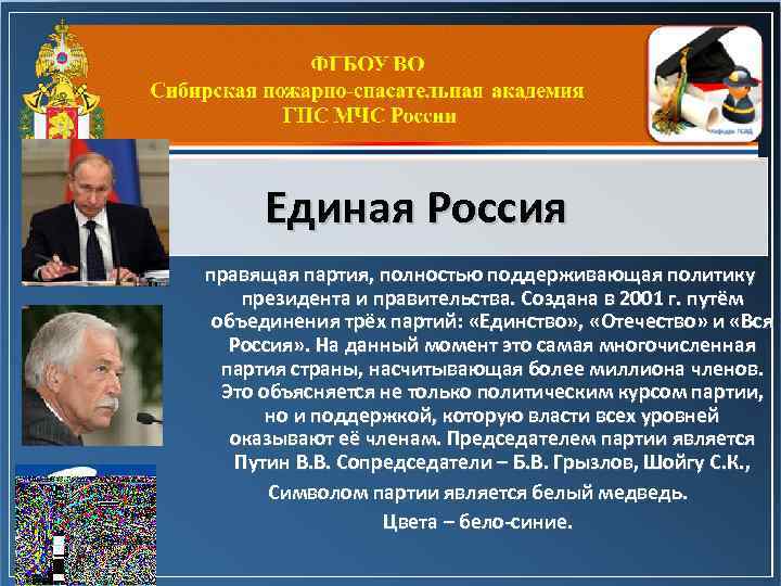 Единая Россия правящая партия, полностью поддерживающая политику президента и правительства. Создана в 2001 г.