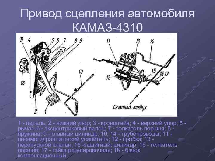 Привод сцепления автомобиля КАМАЗ-4310 1 - педаль; 2 - нижний упор; 3 - кронштейн;