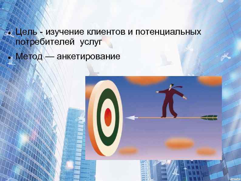  Цель - изучение клиентов и потенциальных потребителей услуг Метод — анкетирование 