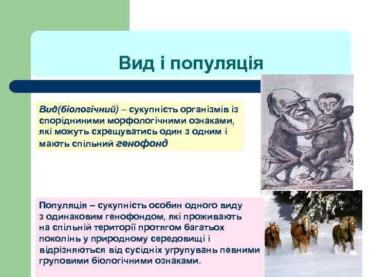 Вид і популяція Вид(біологічний) – сукупність організмів із спорідниними морфологічними ознаками, які можуть схрещуватись