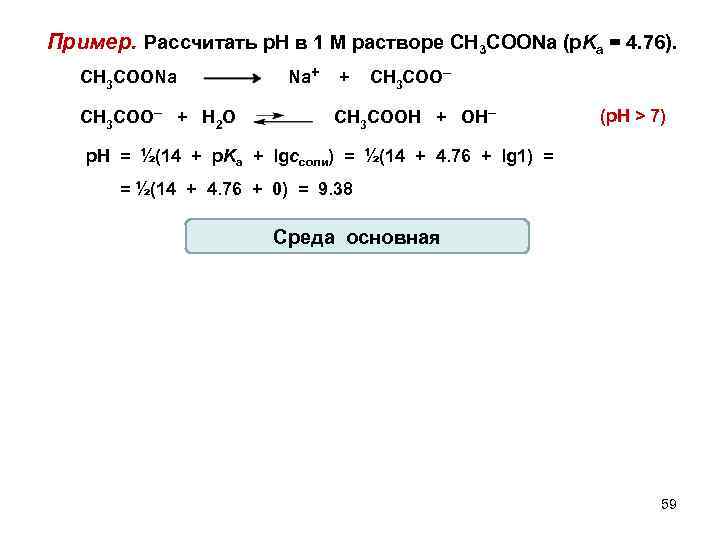Пример. Рассчитать р. Н в 1 М растворе CH 3 COONa (p. Ka =
